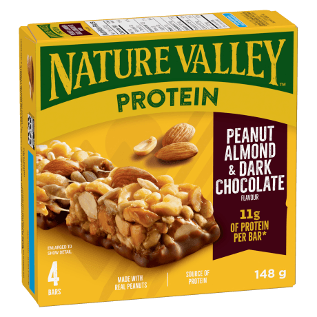 4 pack Nature Valley Protein Bars in Peanut Almond Dark Chocolate flavor, front of box