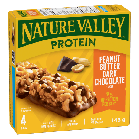 4 pack Nature Valley Protein Bars in Peanut Butter Dark Chocolate flavor, front of box