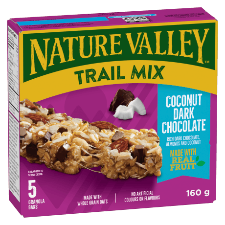 5 pack Nature Valley Trail Mix in Coconut Dark Chocolate flavor, front of box