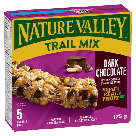 5 pack Nature Valley Trail Mix in Dark Chocolate flavor, front of box