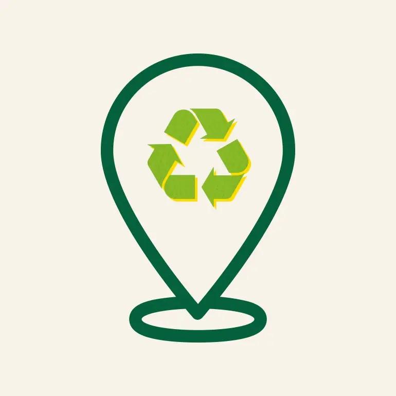 An illustration of the universal recycling symbol inside of a teardrop shape, indicating a map location
