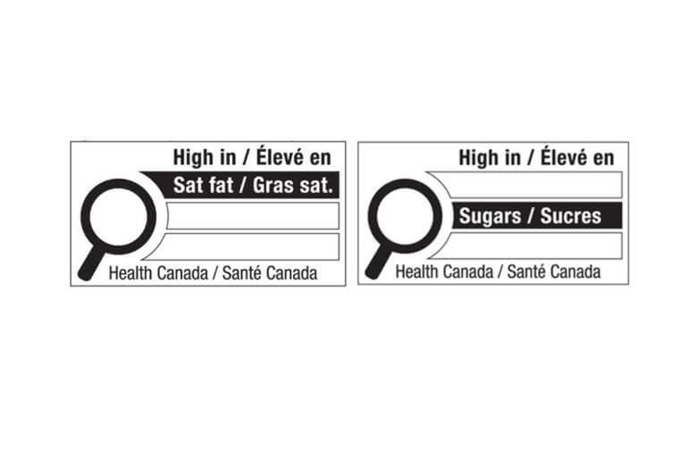Deux étiquettes nutritionnelles de Santé Canada indiquant 'Élevé en Gras sat.' à gauche et 'Élevé en Sucres' à droite, avec un symbole de loupe à côté de chaque texte.