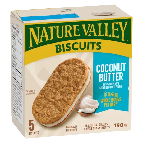 5 pack Nature Valley Biscuits in Cocnut Butter flavor, front of box