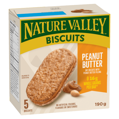 5 pack Nature Valley Biscuits in Peanut Butter flavor, front of box