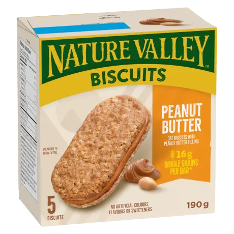 5 pack Nature Valley Biscuits in Peanut Butter flavor, front of box