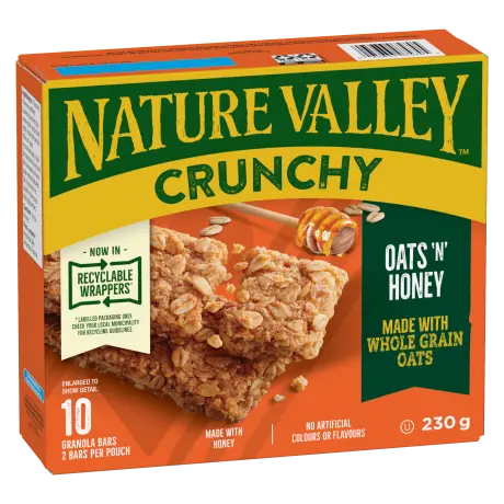 10 pack Nature Valley Crunchy in Oats N' Honey flavor, front of box