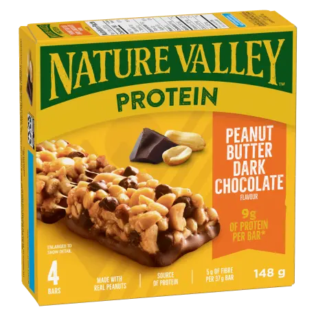 4 pack Nature Valley Protein Bars in Peanut Butter Dark Chocolate flavor, front of box
