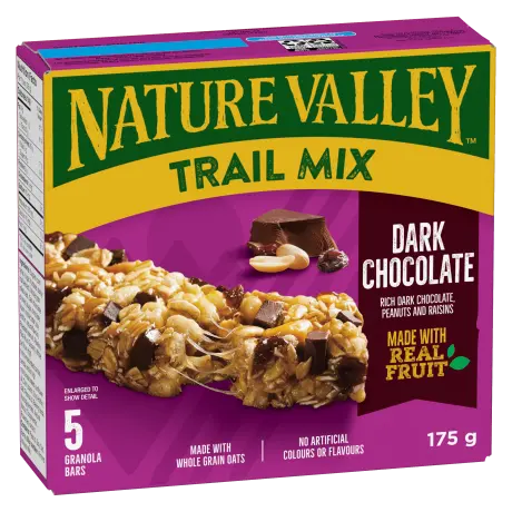 5 pack Nature Valley Trail Mix in Dark Chocolate flavor, front of box