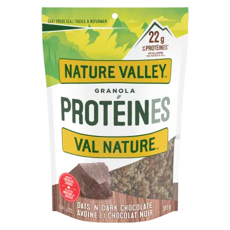 310g pack Nature Valley Protein Granola in Oats N' Dark Chocolate flavor, front of bag